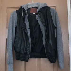 Leather black bomber jacket with grey hoodie